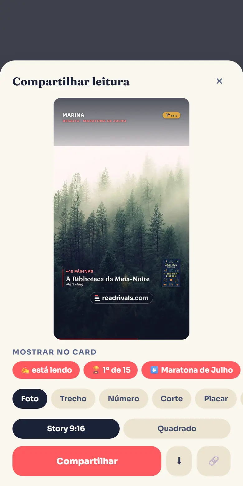 Share your progress: Turn a reading milestone into a share card.